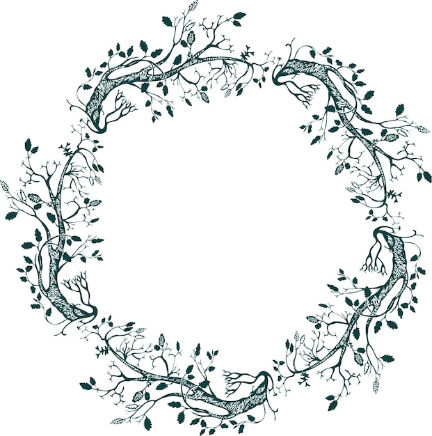 Decorative round border from silhouettes curved fantasy trees