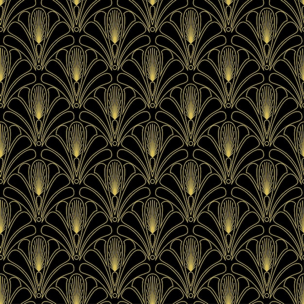 Vector decorative seamless geometric pattern in the style of the 20s art deco peacock tail background gold on a black background wallpaper textile printing wrapping paper page filling retro backgroux9xdxa