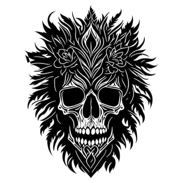 Decorative tribal skull with floral design black outline vector on white background