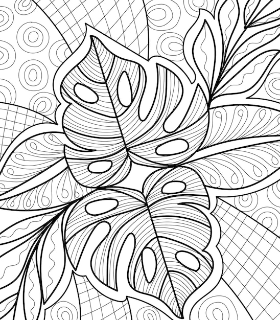 Decorative tropical leaves coloring book page with henna style