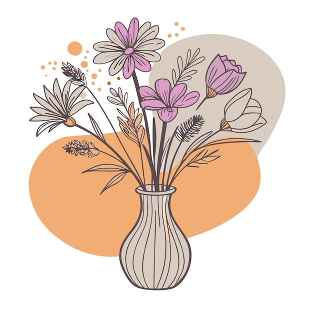 A decorative vase filled with various flowers in a minimalist style