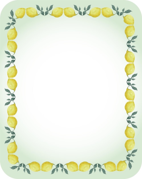 Vector decorative vector card with border from watercolor drawings of yellow ripe lemons with green leaves