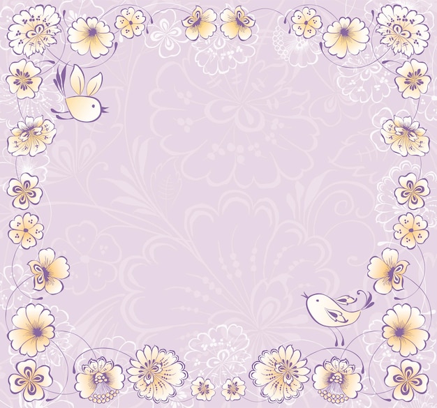 Decorative vector greeting card with border from outlines delicate fantasy flowers and flying birds