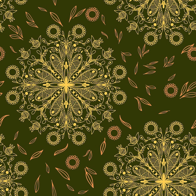 Decorative vector mandala seamless pattern in green and yellow colors