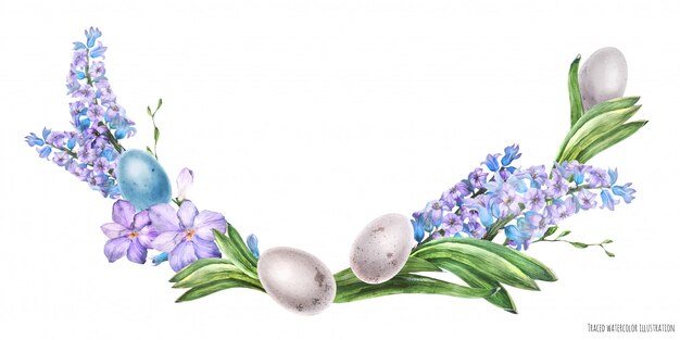 Decorative watercolor arc with hyachinth flowers and bird eggs