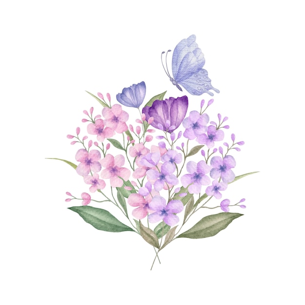 Decorative watercolor flower bouquet with butterfly