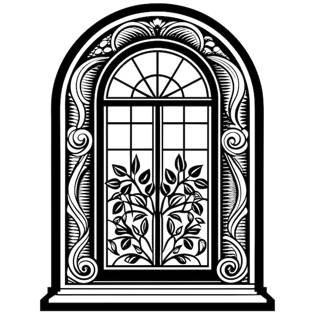 Vector decorative window with flowers black and white illustration