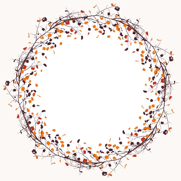 Decorative wreath from silhouettes deciduous tree brunches with autumn leaves