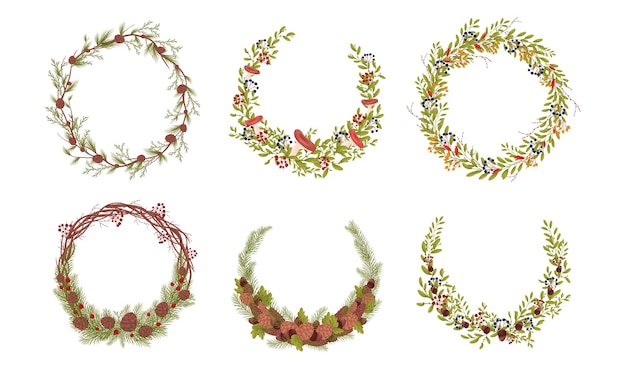 Decorative Wreaths with Branches Entangled with Mushrooms Berries and Fir Cones Vector Set