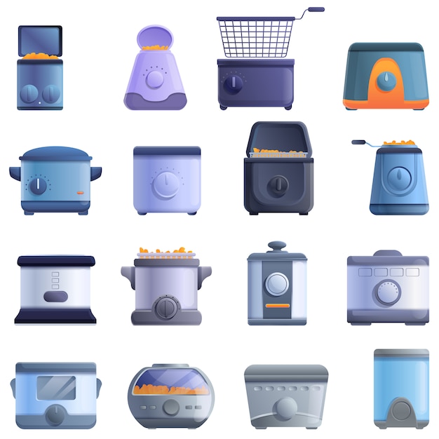 Deep fryer icons set, cartoon style