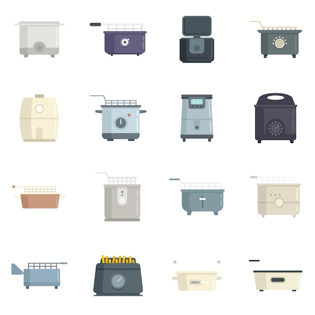 Deep fryer icons set flat vector Bake cook food