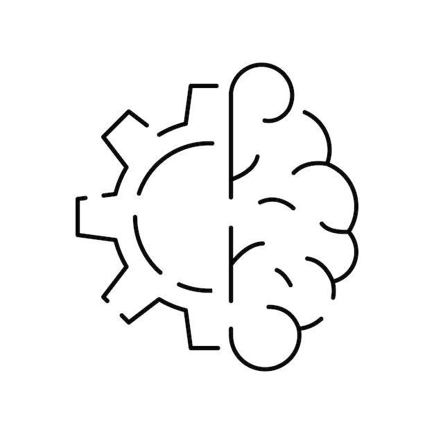 Deep learning AI linear icon Neural network with cogwheels Thin line illustration Digital brain Artificial intelligence symbol Vector isolated Cyber humanoid and chat