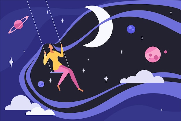 Vector deep sleep meditation and dreams of girl sitting on swing swinging and flying in sky