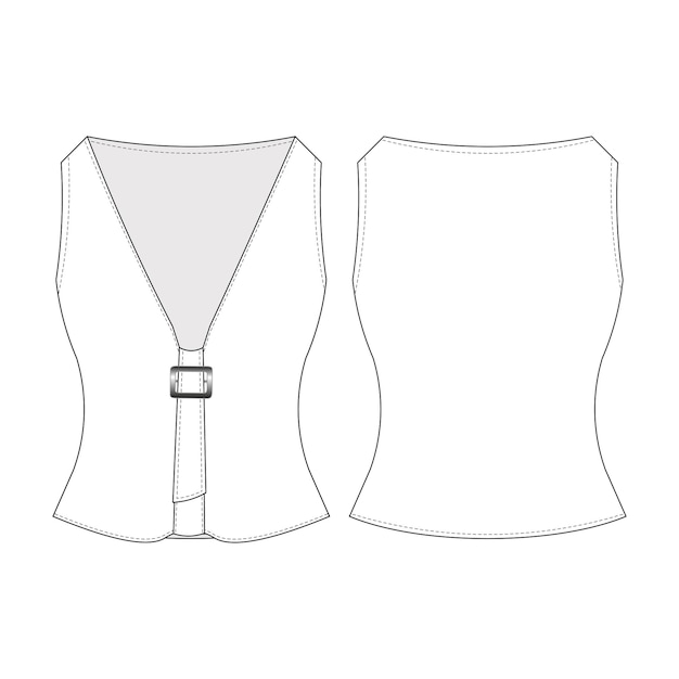 deep v neck sleeveless belted halter top blouse template technical drawing flat sketch cad mockup fa