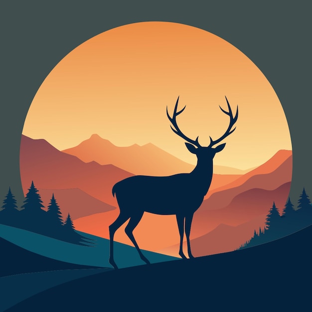 deer against the background of the sun vector illustration flat 2