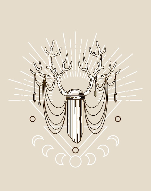 Deer antlers crystal sun rays moon phases Vector illustration in ethnic style Halloween magic witchcraft astrology mysticism For logo posters cards banners fabric printing tattoo design