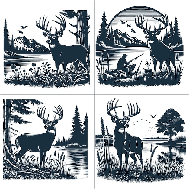 Vector deer buck lake woods scene silhouette svg