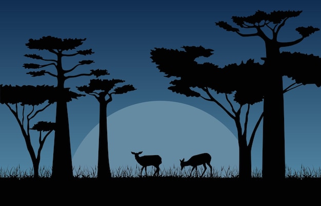 Deer in Dark Night Savanna Landscape Africa Wildlife Illustration