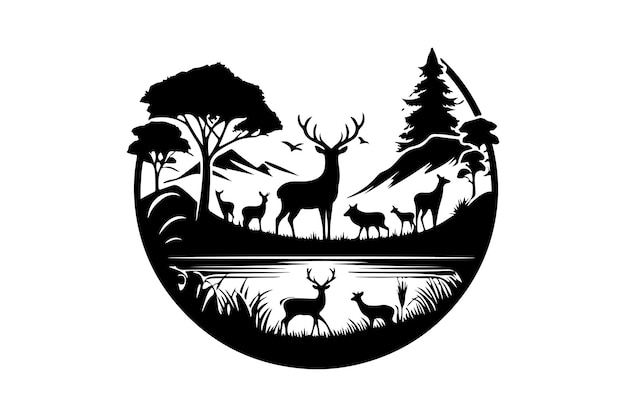 a deer and deer in a circle with a tree in the background