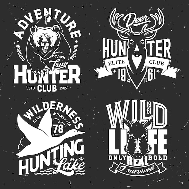 Deer, duck, bear and boar t-shirt print of hunting sport club  . Hunting animals and bird of wild grizzly, reindeer or moose, elk and hog grunge badges, hunter custom apparel with trophies