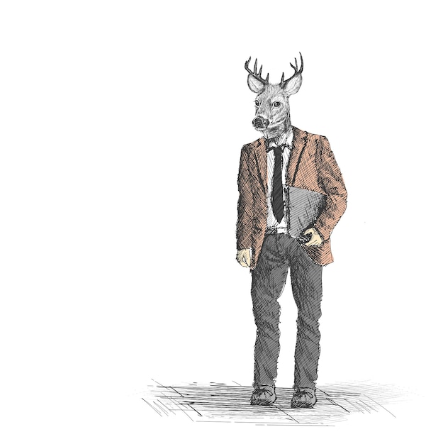 Deer face Businessman with laptop on White Background Hand Drawn sketch illustration