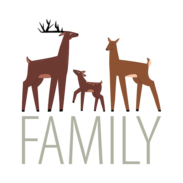 Deer family drawn in flat style by hands vector childrens illustration