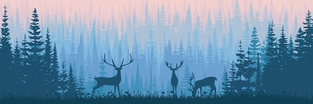 Vector deer in the forest morning light panoramic vector illustration