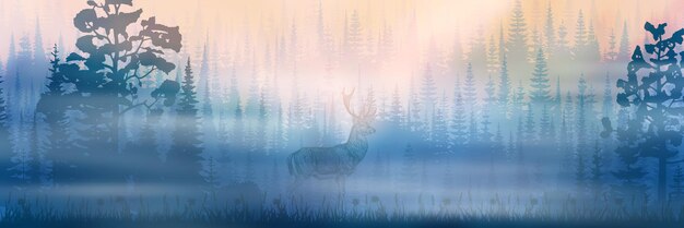 Vector deer in the forest morning light panoramic vector illustration