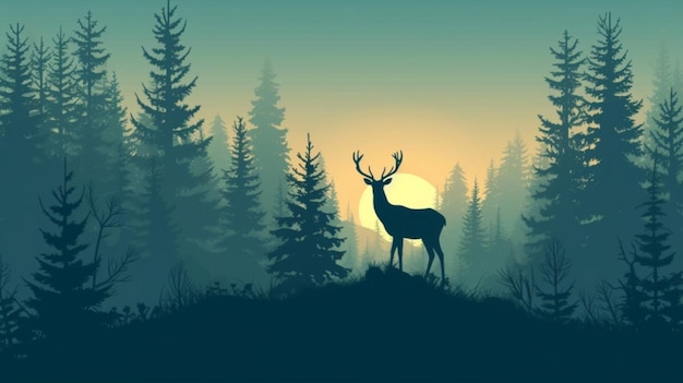 Vector deer in the forest at night