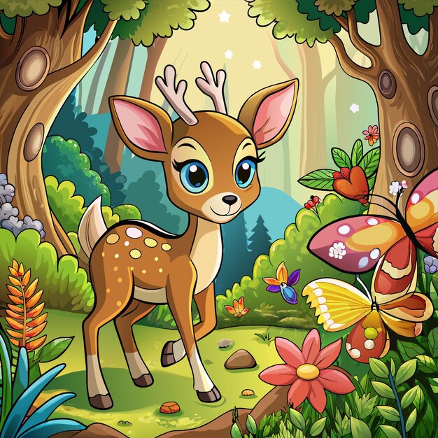 Vector a deer in a forest with butterflies and trees