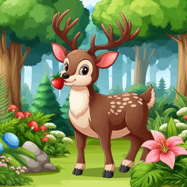 Vector a deer in a forest with a red berry in its mouth