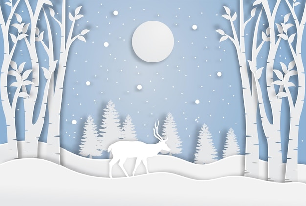 Deer in forest with snow in christmas and winter season paper art and digital craft style