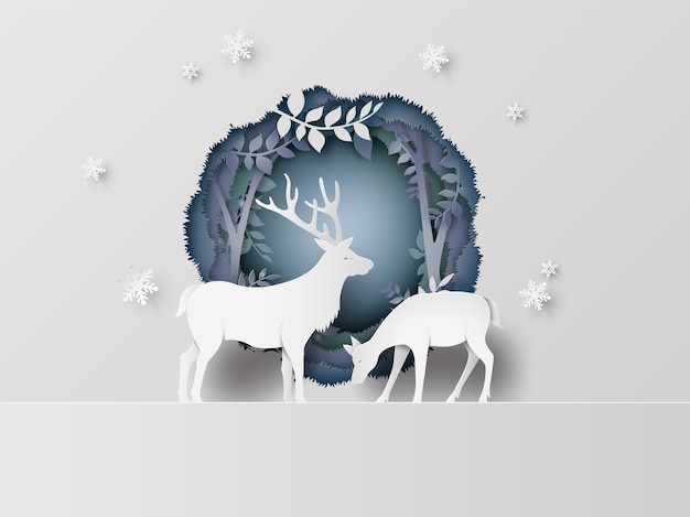 Deer in forest with snow. paper art style.