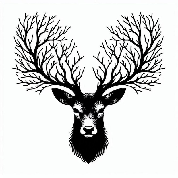 Vector deer head front with antlers contour line engraving black and white white background