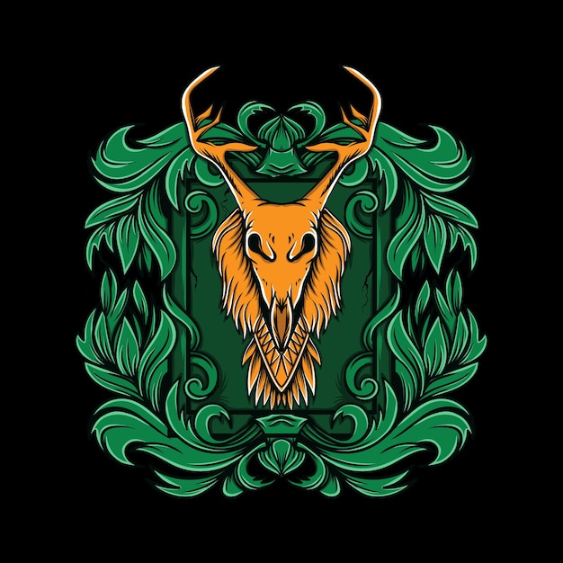 Vector deer head skull illustration on ornament on black background