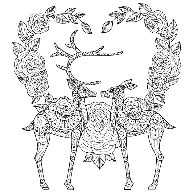 Deer and heart Hand drawn sketch illustration for adult coloring book