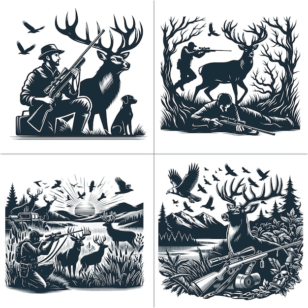 Deer Hunting Scene Silhouette Vector Dad hunting Hunter Dog vector Deer Vector