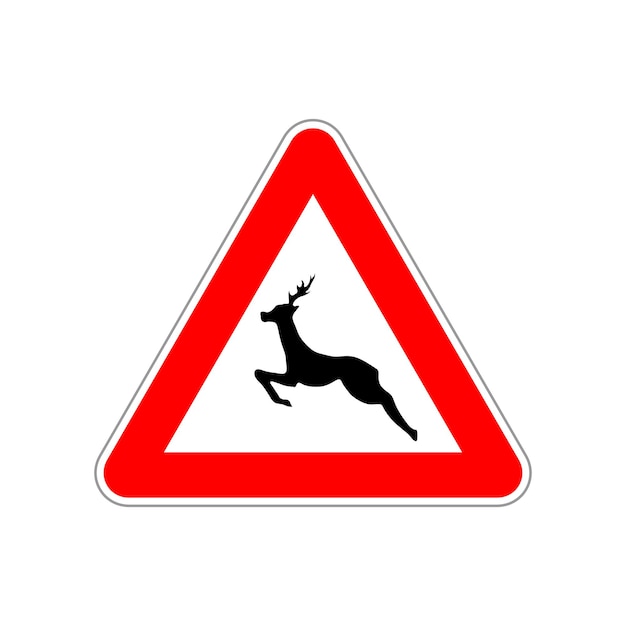 Deer icon on the triangle red and white road sign isolated on white