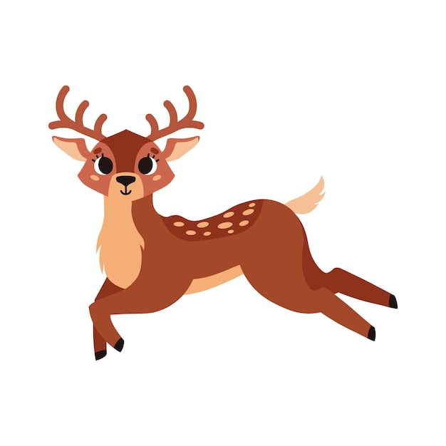 Deer is running Cute brown spotted deer with horns Forest wild animal Vector cartoon illustration