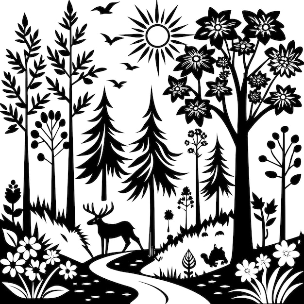 a deer is standing in a forest with trees and flowers