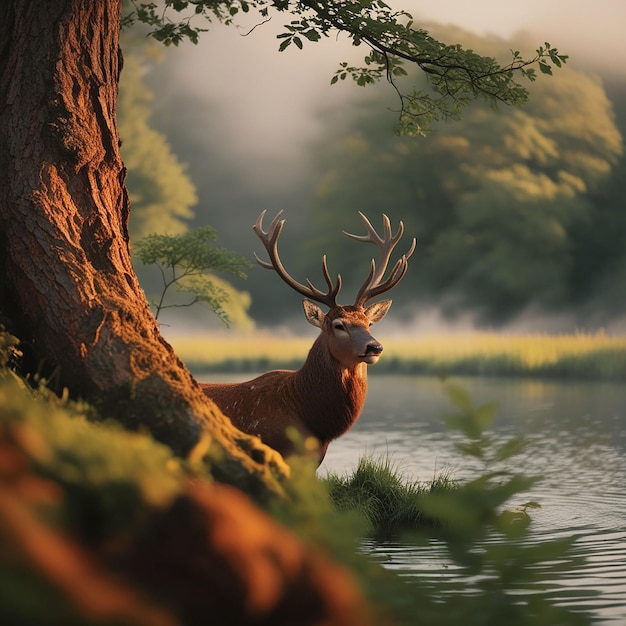 Vector a deer is standing in the water under a tree