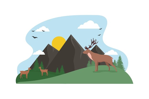 Vector deer in a meadow in the mountains the sun is over the mountains wild animals on the grass vector illustration