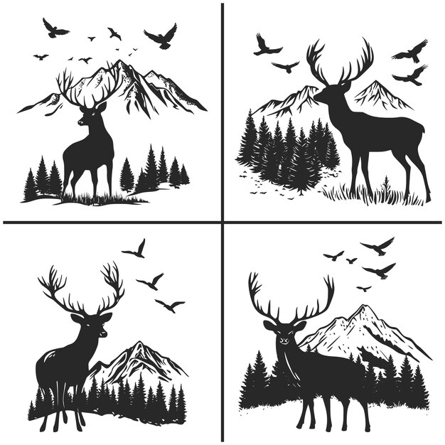 Vector deer and mountains svg vector silhouette bundle file