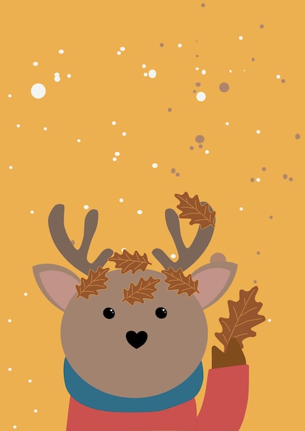 A deer in a scarf holds an oak autumn leaf.Leaves are all around.Yellow background.Poster for fall