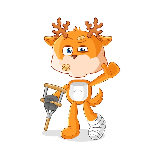 Deer sick with limping stick cartoon mascot vector