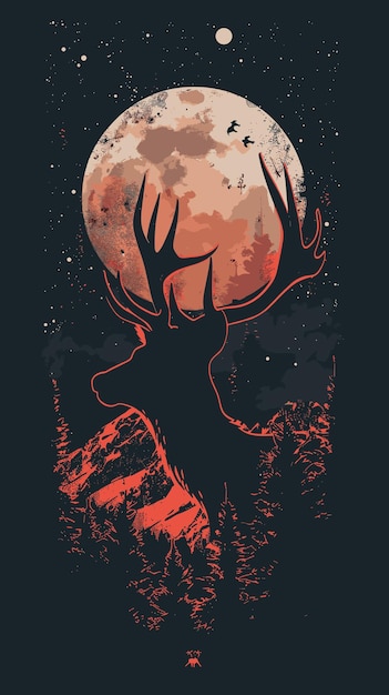 Deer silhouette on a background of the moon Vector illustration