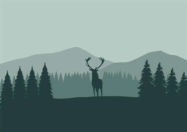 Vector deer silhouette in the pine forest. vector illustration.