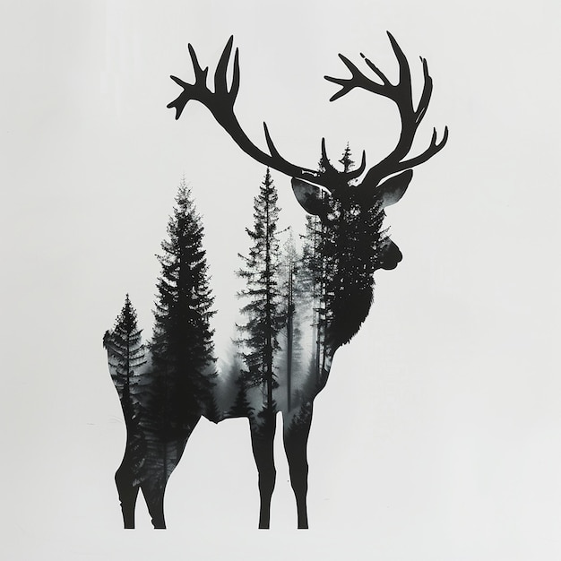 Vector deer silhouette with pines on white background