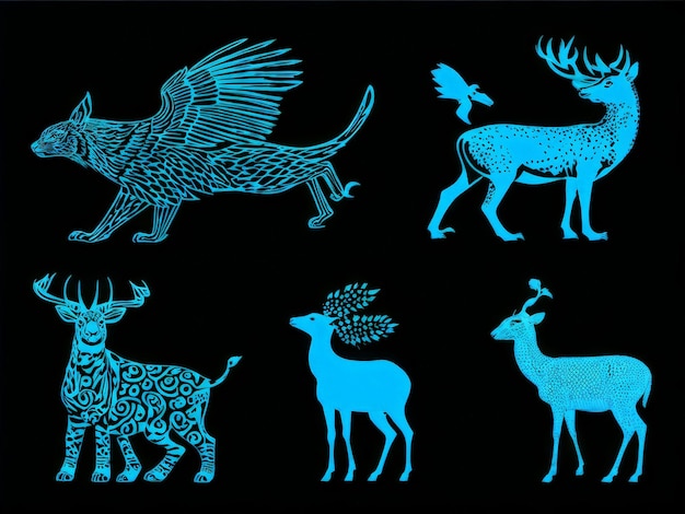 Vector deer silhouettes set on black background