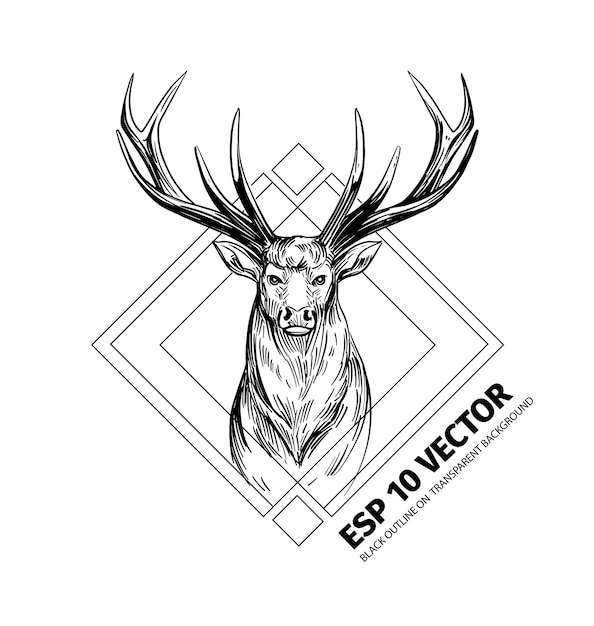 Vector deer sketch hand drawn illustration converted to vector black on transparent background